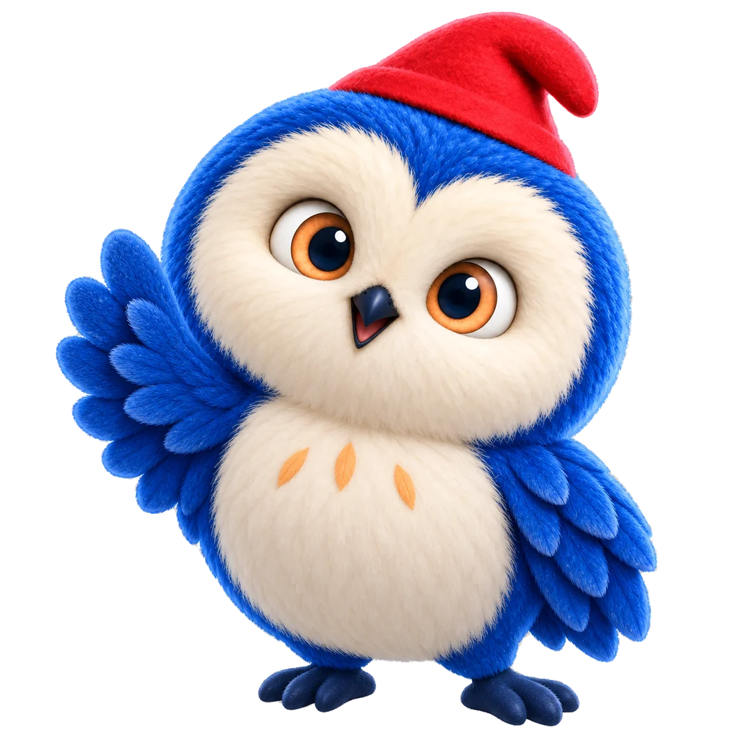 Le hibou Numériane souriant, au bonnet rouge, salue de l’aile